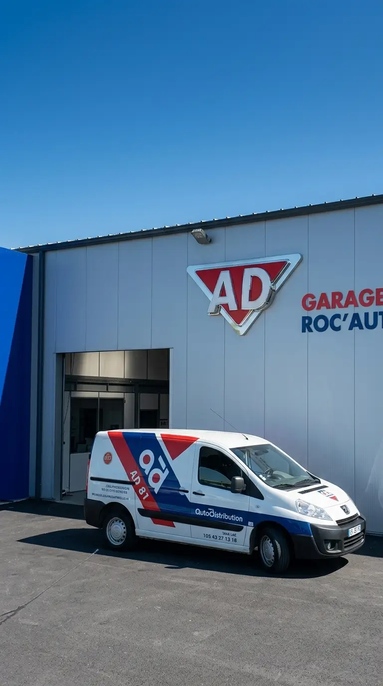 Garage automobile as-rocauto81 à tarn avec enseigne AD Garage Roc’Auto et fourgon utilitaire Autodistribution