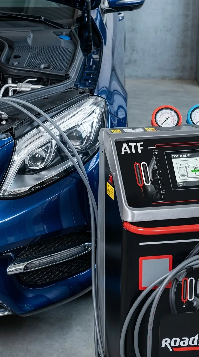 Vidange de boîte automatique avec machine ATF sur voiture bleue chez as-rocauto81, garage auto dans le Tarn