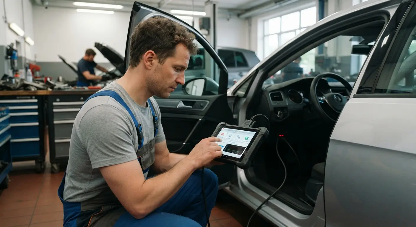 Diagnostic électronique voiture par mécanicien as-rocauto81 dans un atelier auto moderne et lumineux du tarn